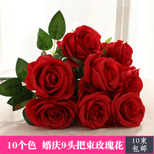 饰客厅摆设路引插花 9头把束玫瑰仿真假花大朵绢花婚庆道具花墙装