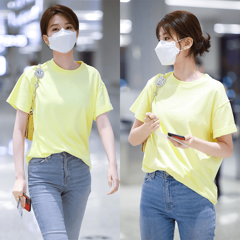 2024新款乔欣明星同款T恤女体恤韩国夏棉休闲黄色上衣服圆领短袖
