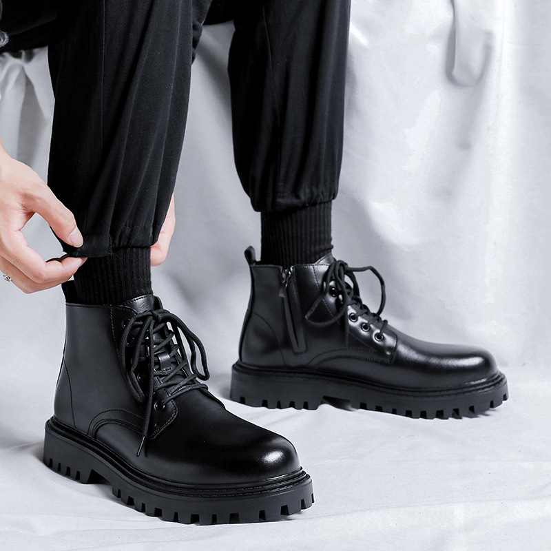 马丁靴男款中帮大头皮鞋厚底黑色短靴英伦潮男工装靴子