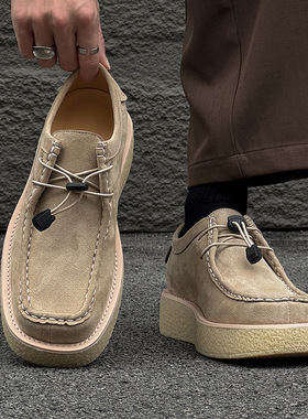 复古袋鼠鞋日系休闲工装方头厚底乐福鞋时尚米色 绿色