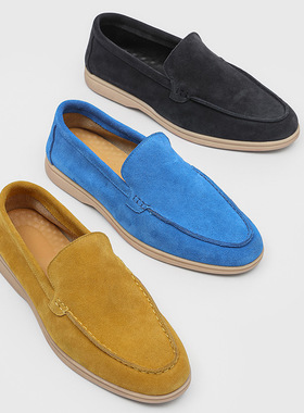 新款乐福鞋男反绒透气懒人休闲鞋藏青色 黄色 深咖色