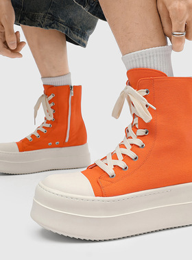 学院风情侣款高帮厚底增高大头男女四季拉链板鞋橙色