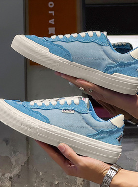 低帮帆布美式情侣饼干鞋夏季通勤板鞋经典情侣款蓝色