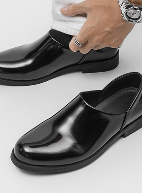 新款懒人一脚蹬休闲百搭轻便豆豆鞋英伦风舒适鞋黑色 漆皮