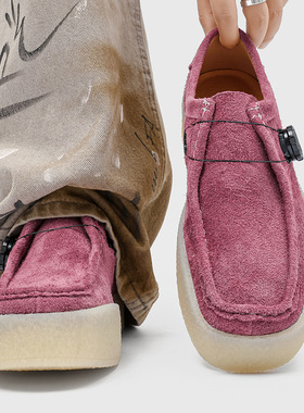 男款夏季透气低帮休闲鞋英伦风反绒复古工装鞋黄色 红色