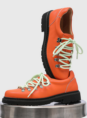 潮男鞋子街头新款圆头小皮鞋男英伦风户外休闲德比鞋橙色