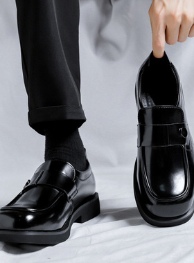 英伦风小皮鞋男设计感小众春秋平底单鞋黑色懒人一脚蹬
