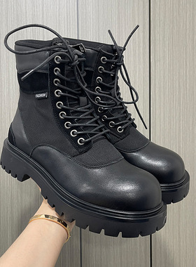 侧拉链马丁靴男士黑色靴子厚底高帮休闲百搭机车靴