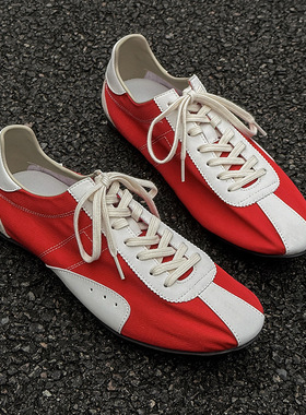 复古阿甘鞋薄底拼色潮鞋平底运动呢德训鞋情侣款红色