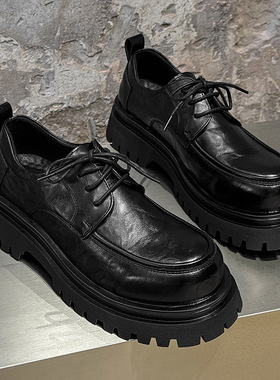 商务鞋正装男生鞋大头德比鞋时尚厚底增高复古鞋黑色