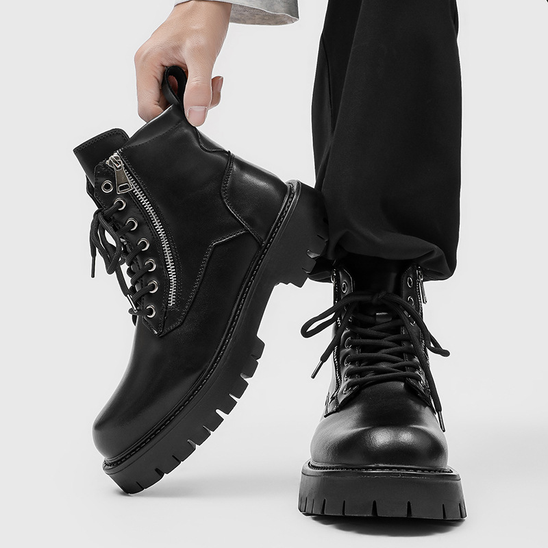 侧拉链马丁靴男高帮英伦风黑色工装机车靴冬季百搭男鞋
