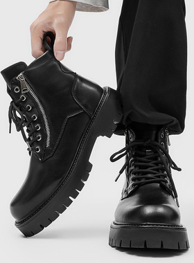 侧拉链马丁靴男高帮英伦风黑色工装机车靴冬季百搭男鞋