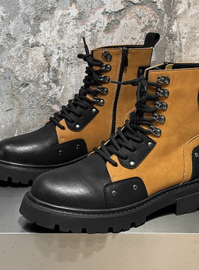 男靴鞋新款拼色厚底马丁靴男士高级感英伦百搭靴黄色