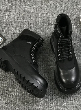 侧拉链马丁靴男高帮英伦风黑色工装机车靴夏季增高短靴