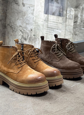 黄色马丁靴男款侧拉链户外工装短靴英伦风男靴黄色 棕色