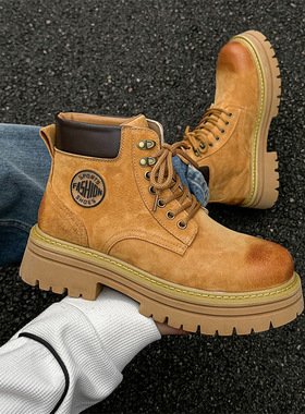 英伦风马丁靴男工装短靴复古厚底增高男靴粉色 黄色