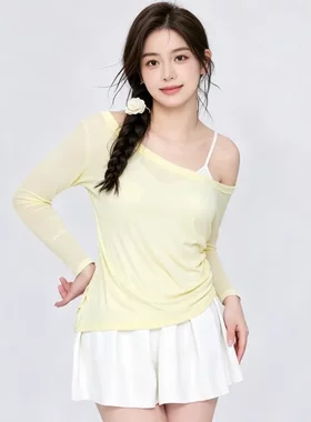 泳衣女胖MM高级感加肥加大连体遮肉显瘦黄色长袖二件套裙式泳装