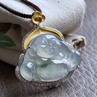 18k金镶嵌翡翠玉佛 高冰种起光飘花佛公笑佛 笑纳万象 酒窝弥勒