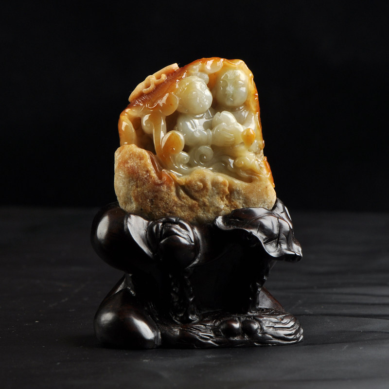 迎财童子 金童玉女带皮雕意境小摆件 缅甸翡翠a货把件