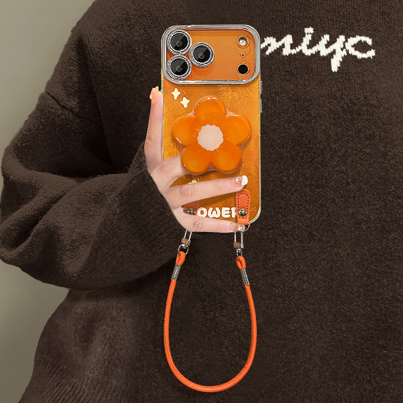 2025橙色花朵支架适用苹果17手机壳iphone15promax带挂绳16冰川纹