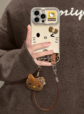 2025豹纹kt猫挂绳适用苹果17手机壳iphone16电镀视窗14硅胶15