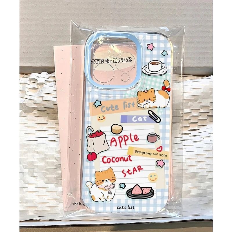 2025蓝格纹猫咪适用于苹果17PROMAX手机壳iPhone16新款15可爱14