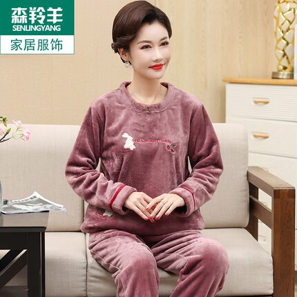 女士珊瑚绒睡衣加厚加绒套头法兰绒秋冬季中老年大码可外穿家居服