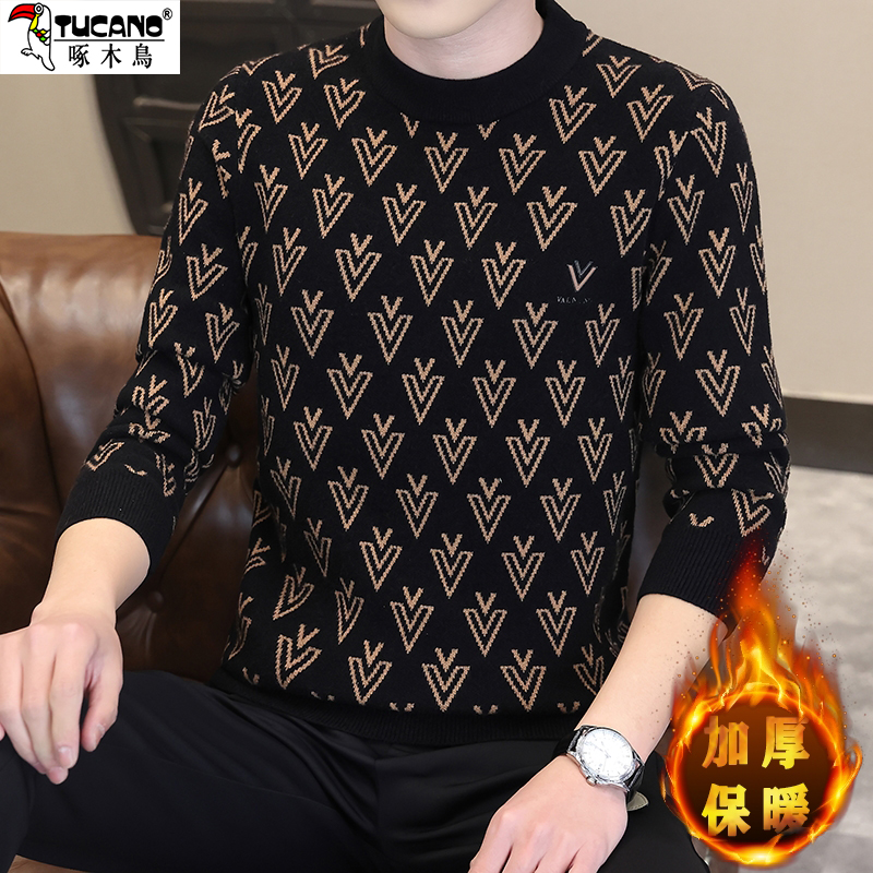 啄木鸟圆领提花针织衫男士毛衣2025新款欧货加厚保暖打底衫上衣潮