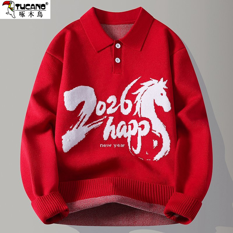 啄木鸟红色本命年翻领毛衣男士字母刺绣衬衫领针织衫马年保暖上衣