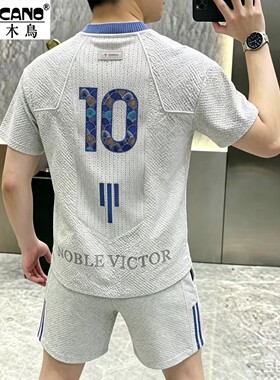 啄木鸟短袖套装男士时尚数字10印花透气运动休闲两件套半袖体恤潮