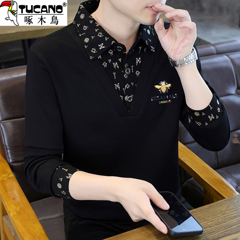 啄木鸟2025新款男士卫衣假两件百搭休闲运动上衣长袖t恤男款打底