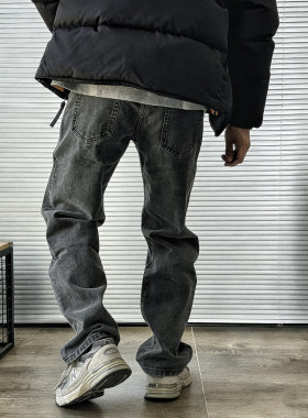 潮流男士灰色雪花裤子 男款复古 养牛深色牛仔长裤 拉链做旧磨白