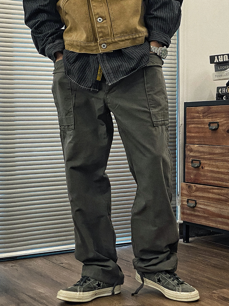 春季四季工装大口袋长裤 男士潮流裤子 宽松休闲复古男款纯色流行