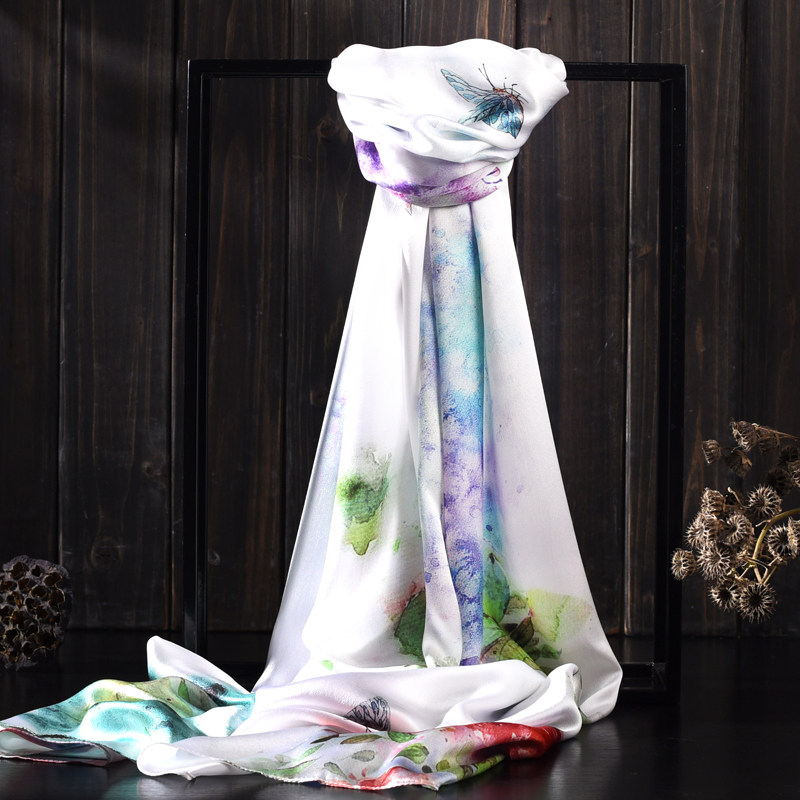 正品原创纯真丝桑蚕丝素绉缎丝巾围巾白色春秋冬季女长款百搭披肩