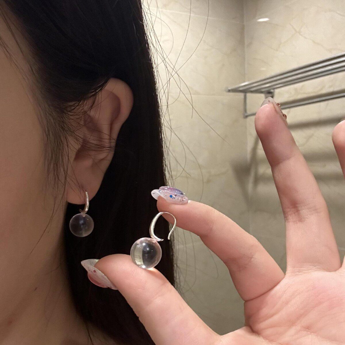 s925纯银天然白水晶耳钉小众设计字母C耳环简约高级感耳钩女耳饰