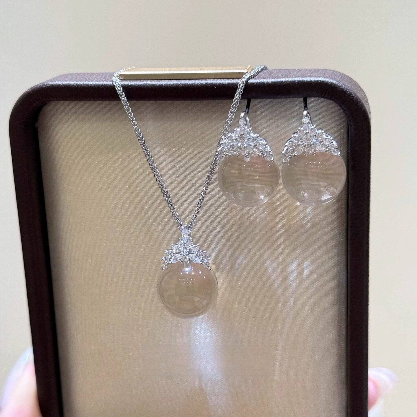 s925纯银天然白水晶皇冠耳钉女小众设计耳环轻奢高级感耳饰套装
