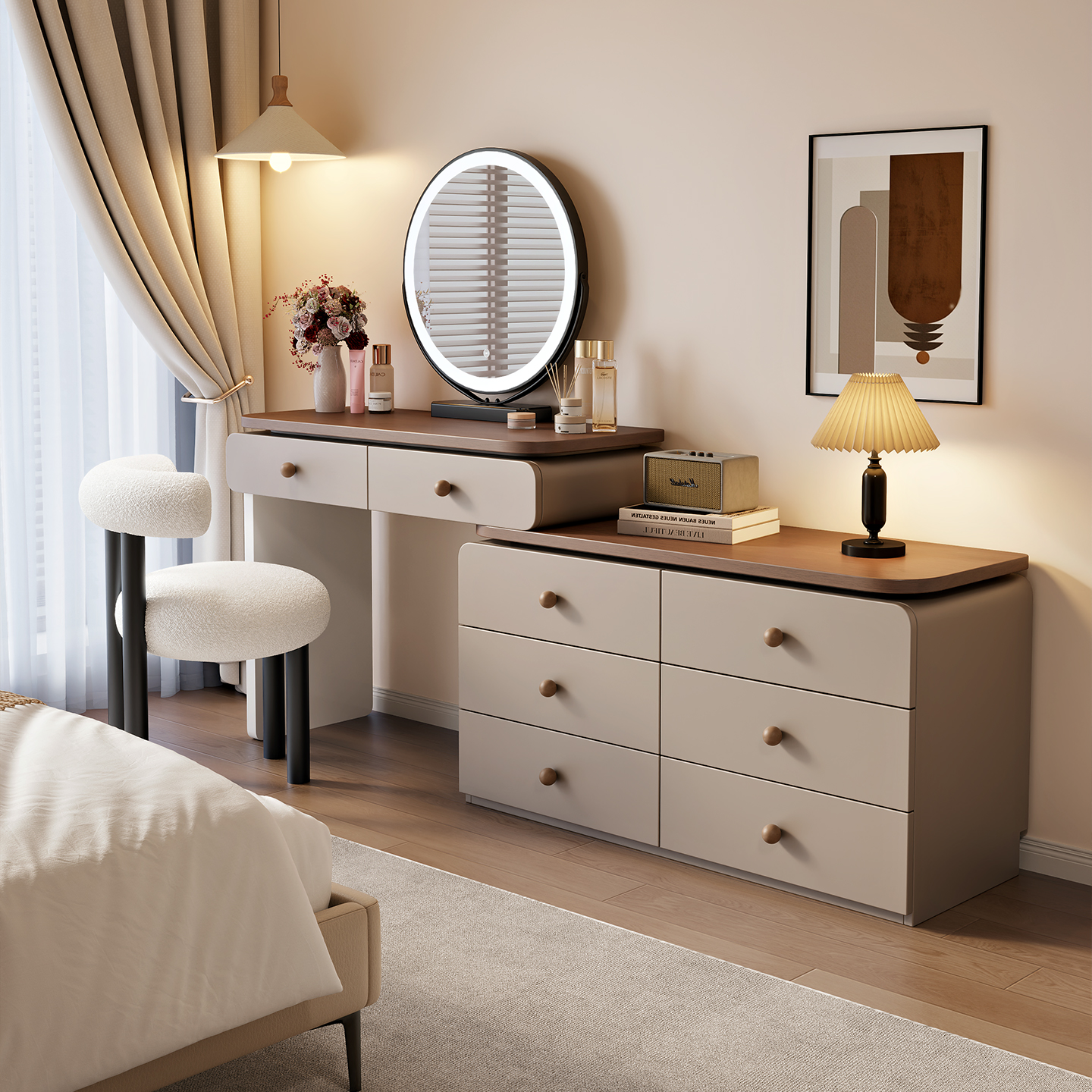 2025新款奶油风梳妆台卧室现代简约床尾实木斗柜收纳柜一体化妆桌