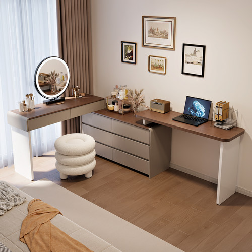 轻奢奶油风实木梳妆台新款卧室简约现代化妆桌梳妆台书桌斗柜一体