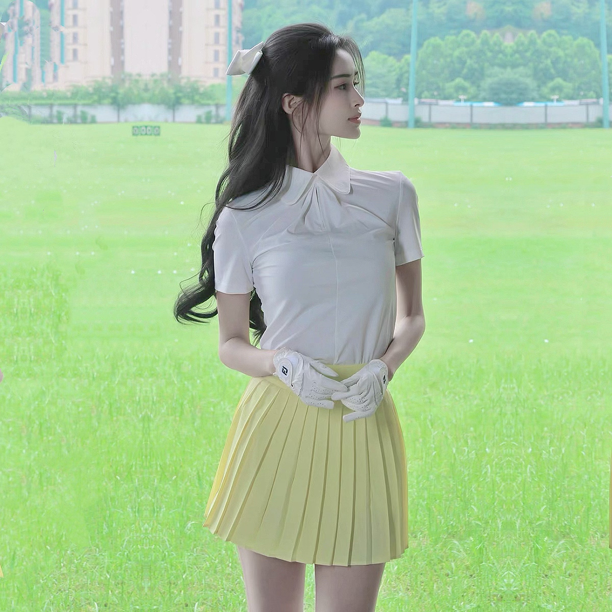 TASHI高尔夫球服 夏季修身女装 短袖上衣 百褶裙短裙套装弹力速干