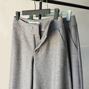 人字纹毛呢阔腿裤女秋冬超洋气显瘦呢子直筒裤靴裤灰色格子七分裤