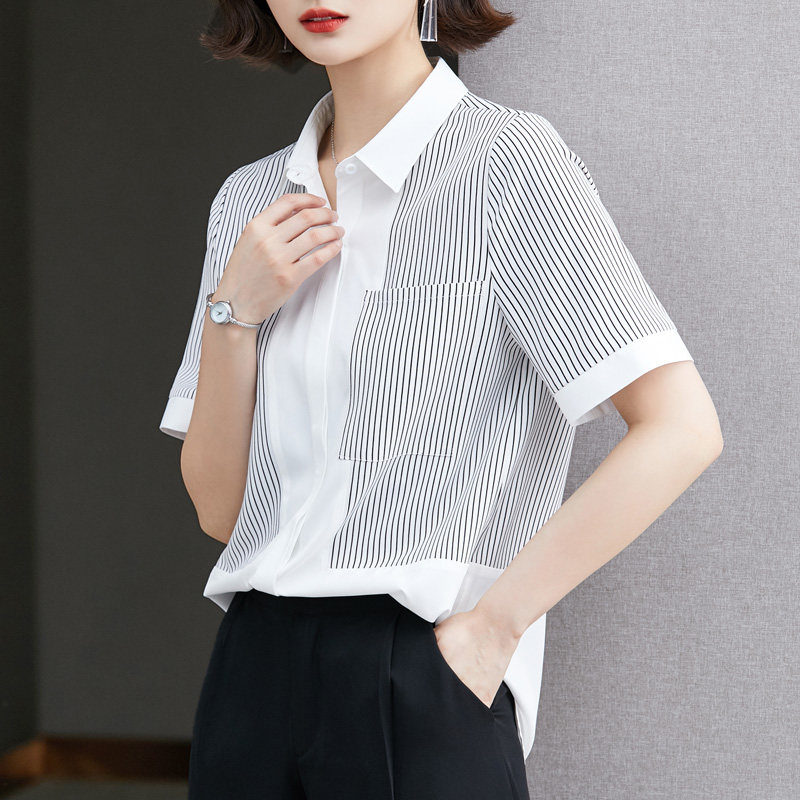 条纹拼接衬衫女时尚减龄设计感小众显瘦百搭上衣宽松大码短袖衬衣