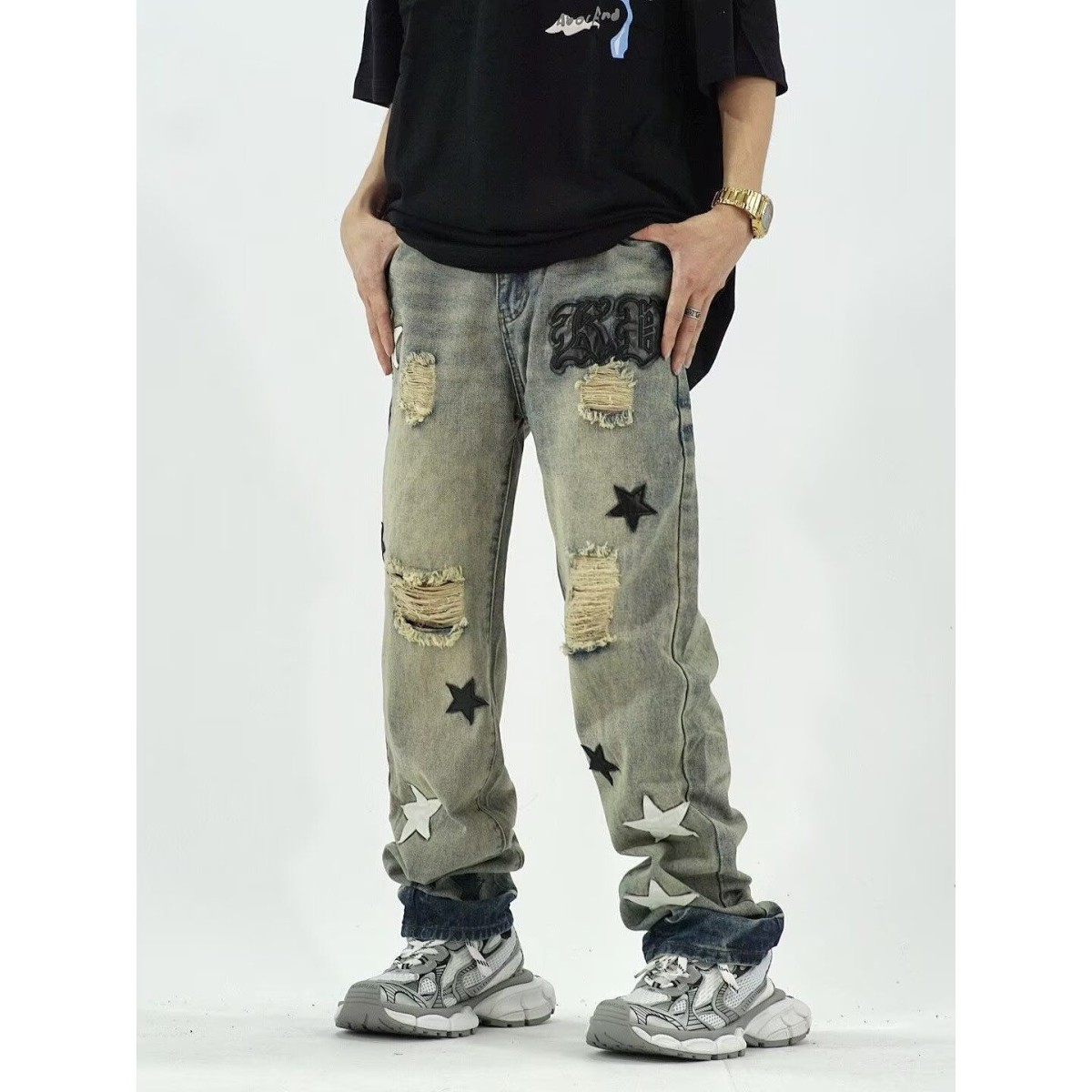 美式高街复古五角星贴皮补丁牛仔裤男女潮流街头嘻哈修身小脚长裤