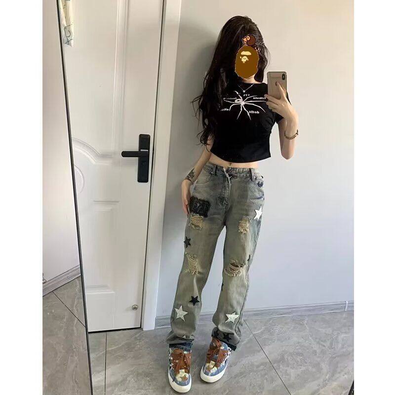 美式高街复古五角星贴皮补丁牛仔裤男女潮流街头嘻哈修身小脚长裤