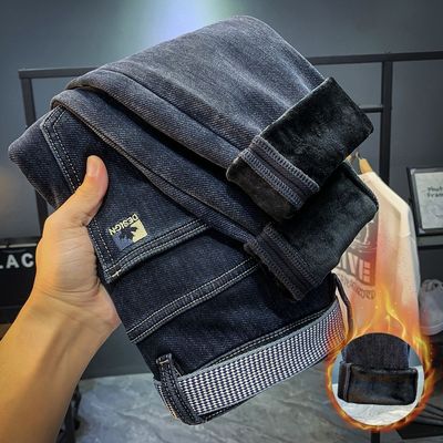 高端轻奢男款牛仔裤冬季加绒加厚保暖刺绣长裤一体绒修身小脚男裤