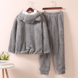 女加厚家居服睡衣 法兰绒家居服套装 冬季 可爱卡通猫耳朵双层情侣款