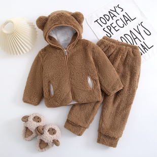 童款冬睡衣珊瑚绒家居服两件套加厚保暖可外穿可爱宝宝男女童棉袄