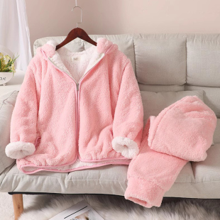 两件套 女加厚睡衣情侣装 冬季 卡通猫耳朵双层加绒法兰绒家居服套装