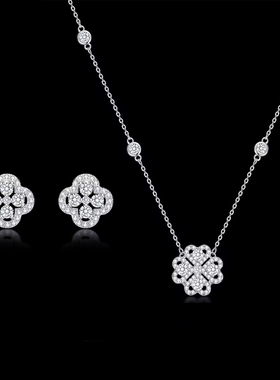 仿满钻幸运四叶草项链耳钉套装2025年新款配饰女生高级感轻奢小众