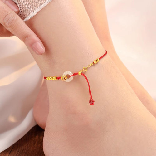 锦鲤平安扣红绳脚链女2024新款潮高级感玉足环性感编织绳脚环女生