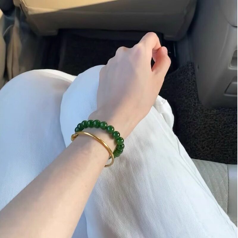 仿真俄罗斯老料和田玉碧玉手链正阳绿玉手串菠菜绿散珠子天然手饰